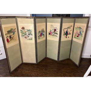 Vintage Korean Six Panel Screen/Room Divider Embroidered Scenes 4' x 99" **Torn